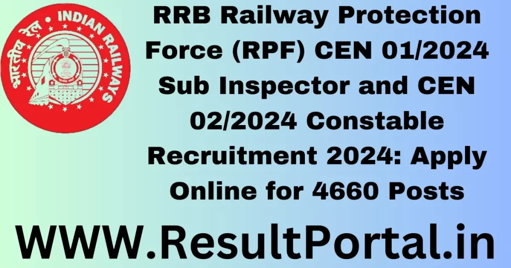 RRB Railway Protection Force (RPF) CEN 01/2024 Sub Inspector and CEN 02/2024 Constable Recruitment 2024: Apply Online for 4660 Post
